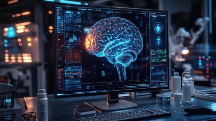 Poster - A computer screen displays a digital rendering of a brain in blue with a small section highlighted in orange.