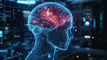 Poster - A digital rendering of a human brain with glowing neurons,  representing the power of artificial intelligence.