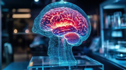 Poster - A glowing digital brain model in a futuristic setting.