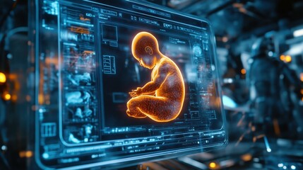 Fototapete - A futuristic digital rendering of a baby displayed on a computer screen.