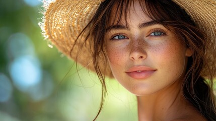 Sticker - Beautiful Woman with Freckles and Straw Hat in Summer