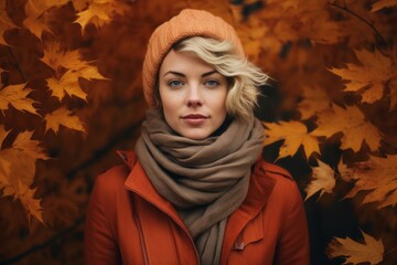 Canvas Print - Portrait of a glad woman in her 30s wearing a versatile buff on background of autumn leaves