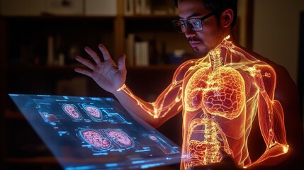 Poster - A man with a glowing anatomy overlay examines medical images on a digital display.