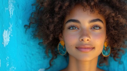 Beautiful young woman with curly hair and blue background