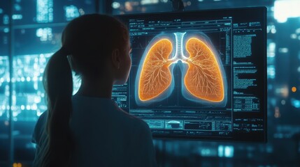 Poster - A woman in a lab coat looks at a medical scan of a pair of lungs on a computer screen.