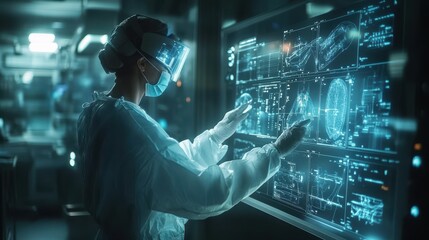 Fototapete - A woman in a lab coat and face mask interacts with a large, interactive screen.