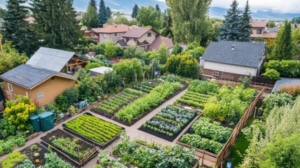 A large garden with many plants and a house in the background