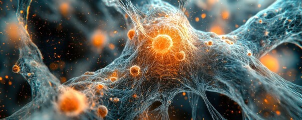 Poster - Abstract image of a neuron cell with glowing orange and blue colors.