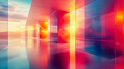 Futuristic glass structure reflecting vibrant sunset hues with a modern, abstract architectural style