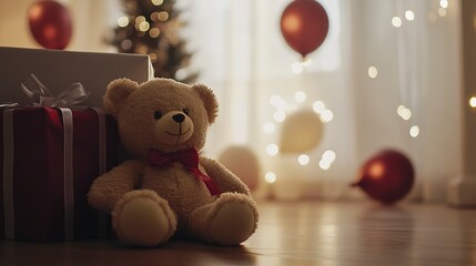 Sticker - soft teddy bear toy placed on floor near christmas gifts in light room at home against blurred balloons  