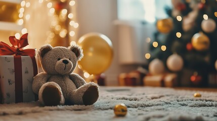 Sticker - soft teddy bear toy placed on floor near christmas gifts in light room at home against blurred balloons 