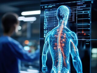 Poster - A medical professional examines a digital human anatomy model displaying the nervous system.