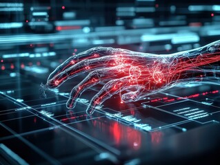 Fototapete - A glowing robotic hand interacts with a digital interface.