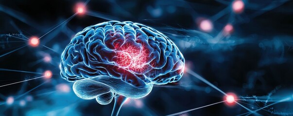 Poster - A 3D rendering of a human brain with a red area highlighting a specific area.