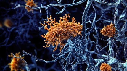 Poster - Microscopic image of orange bacteria on a blue network.