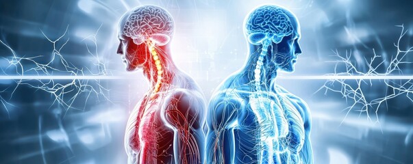 Poster - Two male figures with visible nervous systems and brains, one in red tones, one in blue tones, in a digital art style.