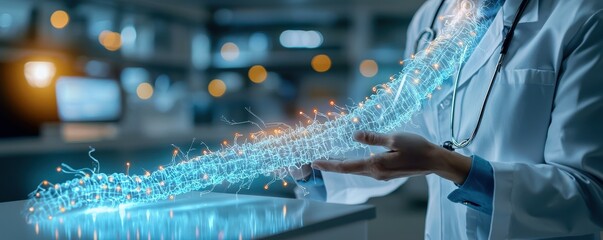 Poster - A doctor holds a glowing blue strand of DNA, representing the future of medicine.