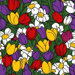 Wall Mural - Seamless pattern with bright spring flowers. 