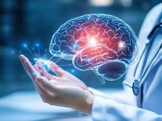 Poster - Doctor's hands hold a glowing 3D model of a brain.