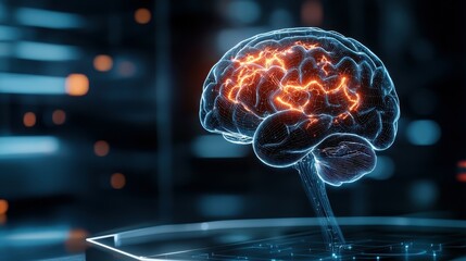 Poster - Digital brain model with glowing lights.