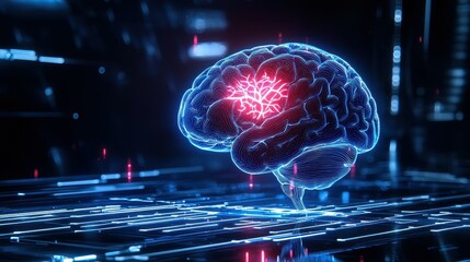 Poster - A glowing blue brain with a red area of activity.