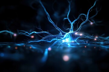 Poster - A glowing blue neuron with intricate branches against a dark background.