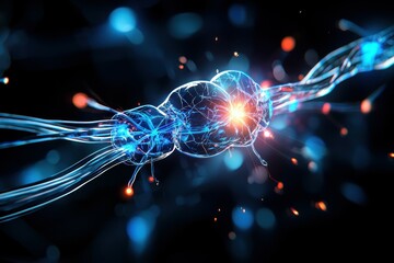 Poster - Abstract 3D illustration of a glowing blue neuron on a black background.