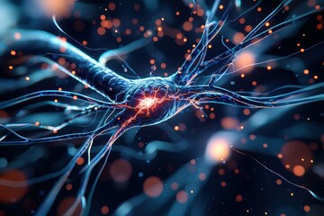 Poster - A close-up of a neuron, a nerve cell, with its intricate branches and glowing core.