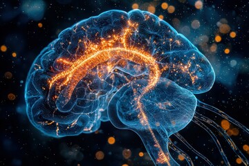 Poster - A digital representation of the human brain with glowing pathways.