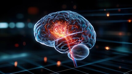 Poster - A digital rendering of a human brain, with vibrant blue and red hues.