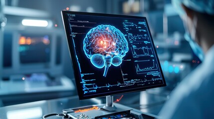 Poster - A 3D model of the human brain displayed on a computer screen.