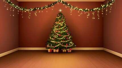 Poster - Festive background with Christmas tree and garlands empty room for your text  