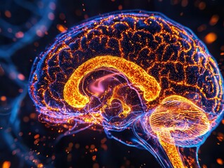 Poster - Digital rendering of a human brain with glowing neural pathways.