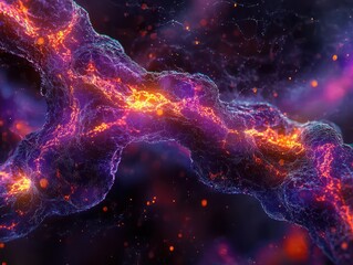 Poster - Abstract glowing purple and orange 3D digital art with a dark background.