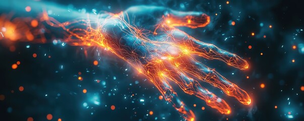 Poster - A glowing hand with an abstract energy flow, depicting power and connection.