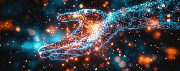 Poster - Abstract digital hand reaching out with glowing lines and particles.