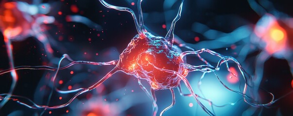 Poster - Abstract 3D rendering of a neuron cell with glowing red and blue colors.