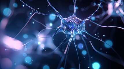 Poster - A microscopic image of a glowing neuron cell.