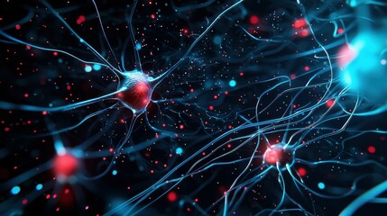 Poster - Abstract rendering of a neuron network, with glowing blue and red accents.