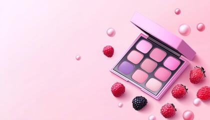 Vector illustration of an eyeshadow palette with mixed berries on a checkered pastel pink background.