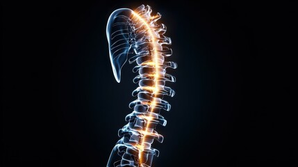 Poster - A 3D rendering of a human spine with a glowing spinal cord.