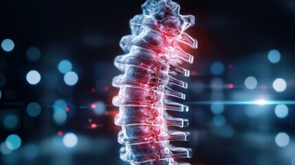 Poster - A digital rendering of a human spine with glowing red and blue lights.