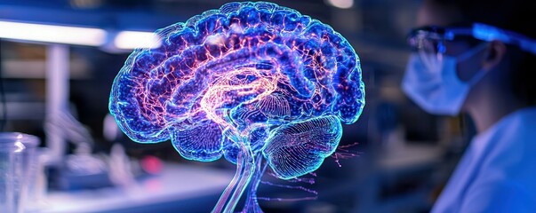 Poster - A 3D rendering of a human brain, illuminated with vibrant blue and pink lights, is the focus of this image.