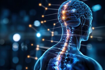 Poster - A digital rendering of the human spine and brain with glowing nodes.