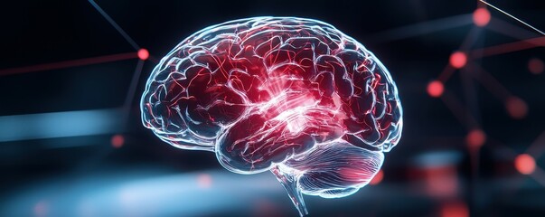 Poster - A 3D rendering of a human brain with glowing red and blue lines.