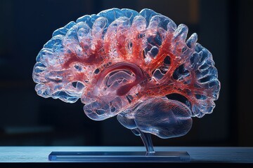 Poster - A translucent model of a human brain with red veins on a glass platform.