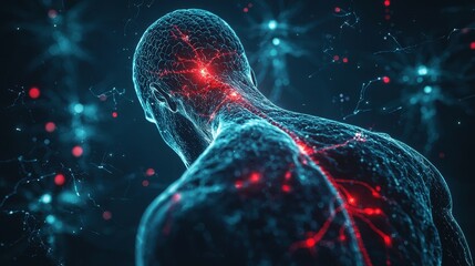Poster - Abstract image of a human figure with glowing red lines running through the body.