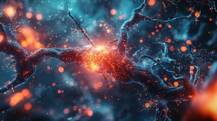 Poster - Abstract image of a neuron with glowing, fiery branches.
