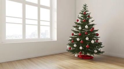 Poster - a christmas tree with red and white christmas decorations on a wooden floor - 