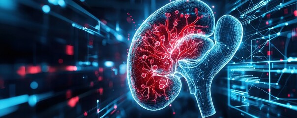 Poster - Wireframe 3D model of a kidney in red and blue.